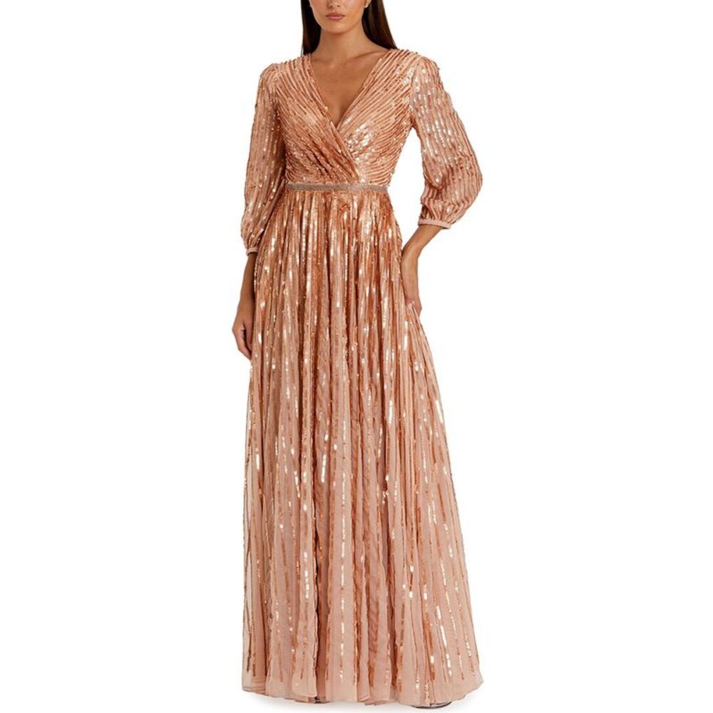 Mac Duggal Womens Sequined Wrap Over 3/4 Sleeve Gown, Pink